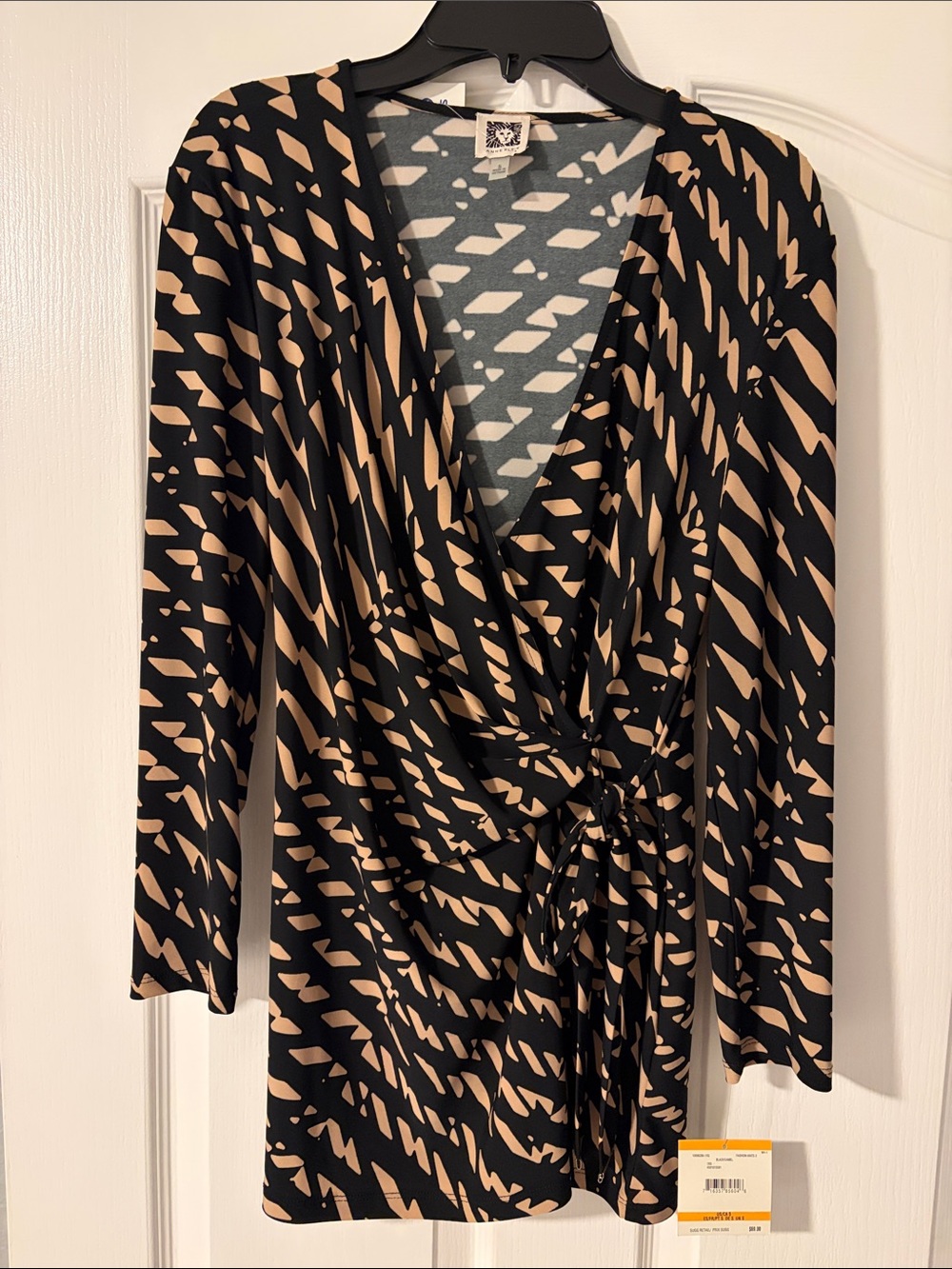 Anne Klein Black and Beige Wrap-Style Blouse